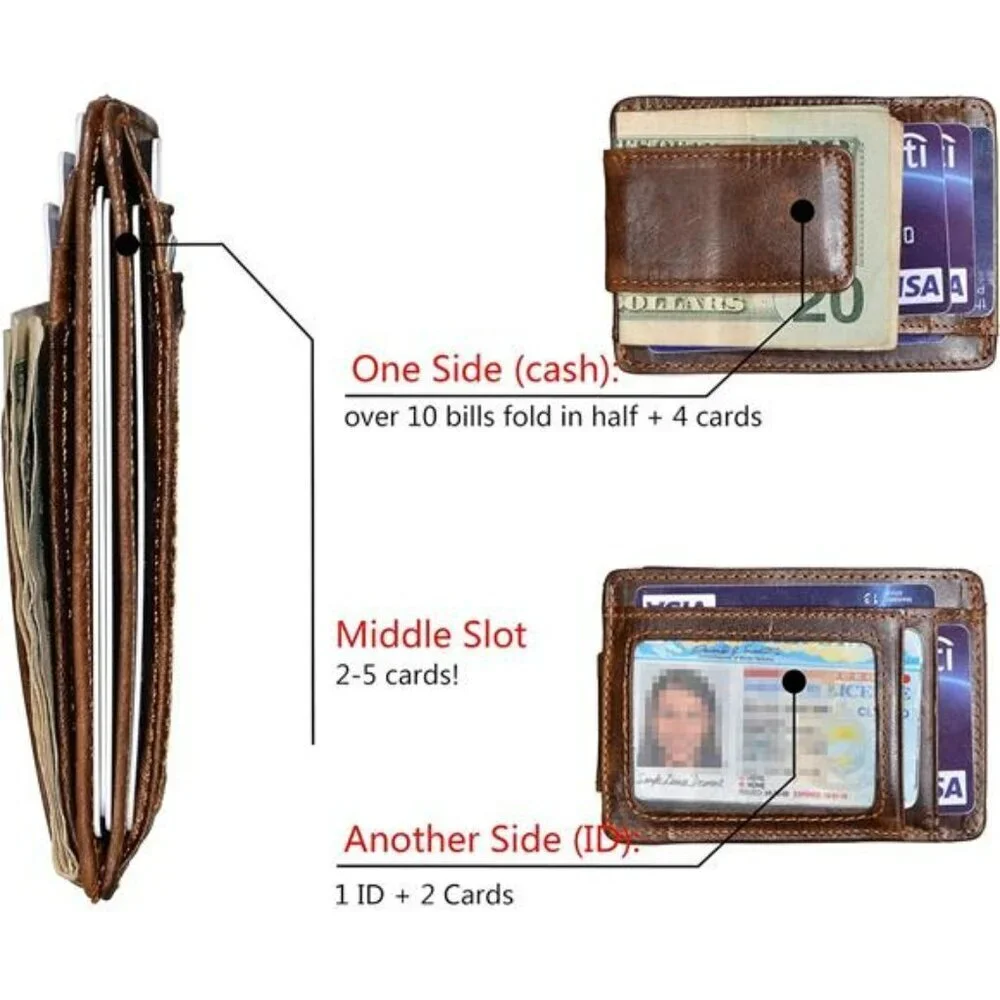 Money Clip RFID Front Pocket Wallet Men Leather Slim Minimalist Wallet Leather